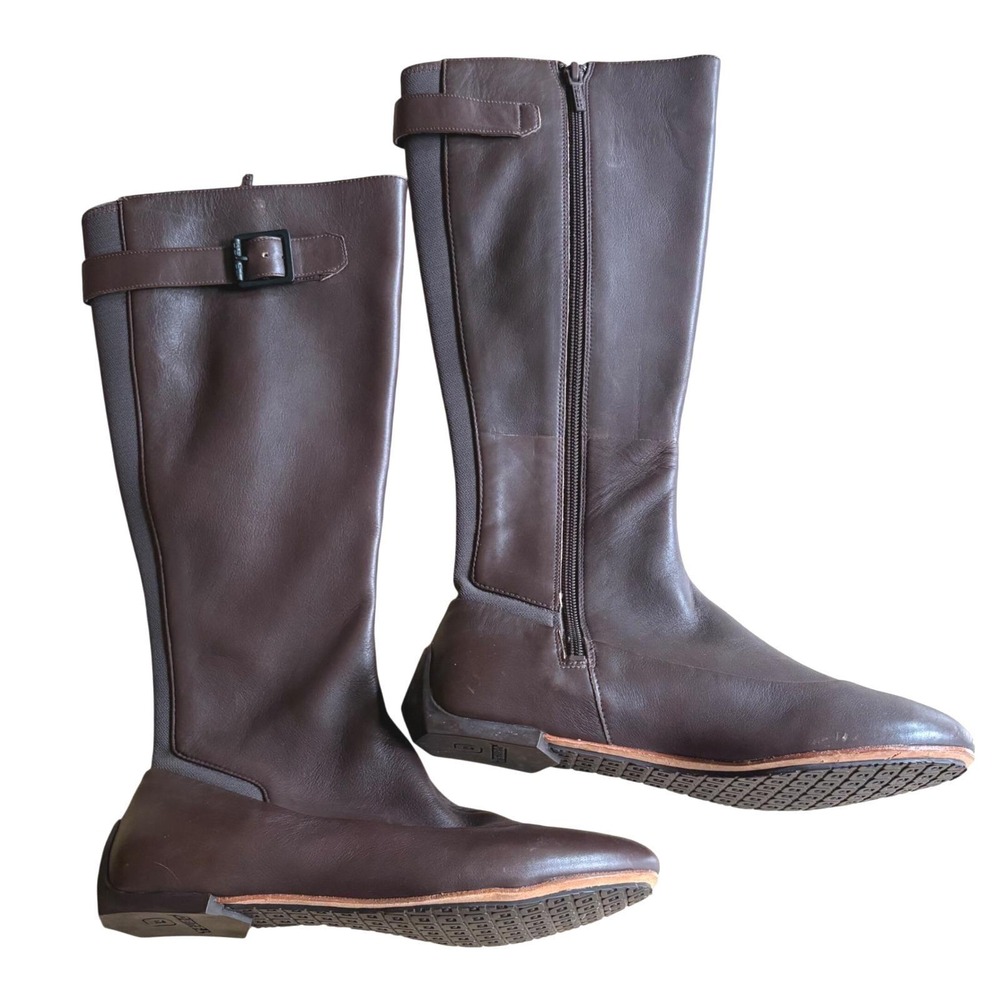 $250 TSUBO Meroe Womens Sz 6.5 Brown Leather Tall Riding Boots Stretch Back Zip